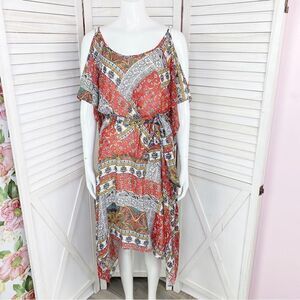 Signature Robbie Bee Patchwork Print Cold Shoulder Midi Dress Red Multi 6